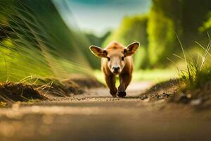 uma pequeno vaca caminhando baixa uma sujeira estrada. gerado por IA foto