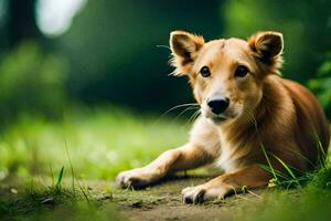 uma Castanho cachorro deitado em a terra dentro a grama. gerado por IA foto