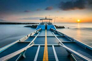 uma barco é ancorado às a costa do uma corpo do água. gerado por IA foto