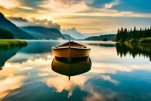 uma barco senta em a calma águas do uma lago. gerado por IA foto