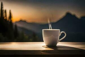 uma copo do café em uma mesa dentro a montanhas. gerado por IA foto