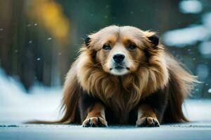 uma cachorro sentado em a terra dentro a neve. gerado por IA foto