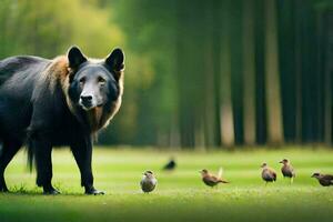 uma ampla Preto cachorro em pé dentro a Relva com pássaros. gerado por IA foto