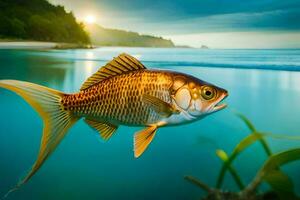 uma peixe natação dentro a oceano às pôr do sol. gerado por IA foto