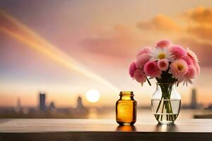 flores dentro uma vaso em uma mesa com uma garrafa do perfume. gerado por IA foto