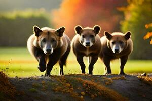 três Castanho ursos caminhando dentro a grama. gerado por IA foto