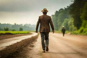 uma homem dentro uma terno e chapéu caminhando baixa uma sujeira estrada. gerado por IA foto