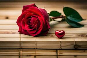 uma vermelho rosa e uma coração em uma de madeira mesa. gerado por IA foto