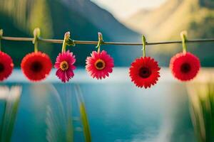 vermelho flores suspensão a partir de uma varal de roupas perto uma lago. gerado por IA foto