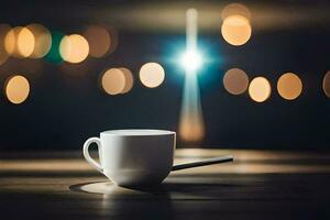uma café copo em uma mesa com luzes dentro a fundo. gerado por IA foto