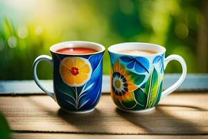 dois colorida copos do chá sentar em uma de madeira mesa. gerado por IA foto