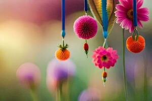 colorida flores suspensão a partir de uma corda. gerado por IA foto