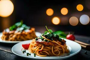 dois pratos do espaguete com carne e legumes. gerado por IA foto