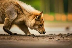 uma Lobo cheirando a terra dentro uma campo. gerado por IA foto