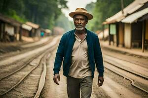 a Mais velho homem dentro uma chapéu anda em ao longo uma Ferrovia acompanhar. gerado por IA foto