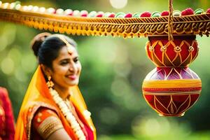 uma mulher dentro tradicional indiano vestuário é segurando uma lanterna. gerado por IA foto