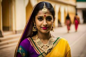 uma mulher dentro uma colorida sari poses para uma retrato. gerado por IA foto