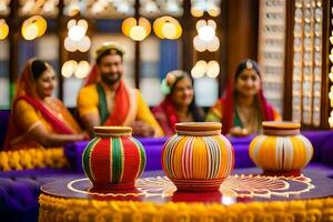 indiano Casamento decoração com colorida panelas e vasos. gerado por IA foto