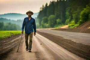 uma homem caminhando em uma sujeira estrada com uma grudar. gerado por IA foto