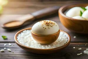 ovos dentro uma tigela com arroz e especiarias. gerado por IA foto
