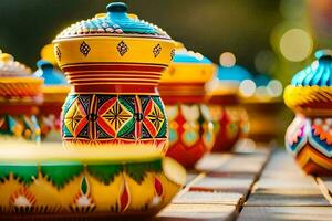 colorida de madeira vasos estão forrado acima em uma mesa. gerado por IA foto