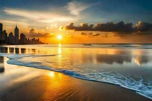 a Sol conjuntos sobre a cidade Horizonte em uma de praia. gerado por IA foto