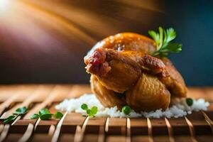 uma frango com arroz e ervas em uma de madeira mesa. gerado por IA foto