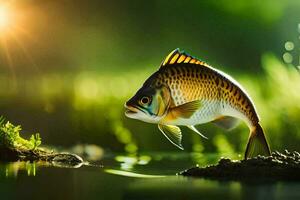 uma peixe é em pé em a água com Relva e luz solar. gerado por IA foto