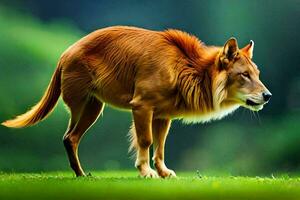 uma vermelho Lobo é em pé em a grama. gerado por IA foto