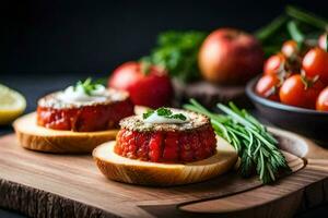 dois fatias do carne em uma de madeira borda com tomates e ervas. gerado por IA foto