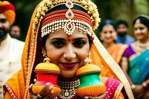 uma mulher dentro tradicional indiano vestuário segurando dois colorida potes. gerado por IA foto