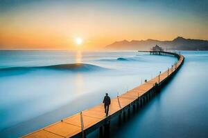 uma homem anda em ao longo uma cais às pôr do sol. gerado por IA foto