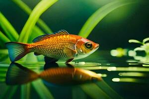 uma peixe é em pé dentro a água com grama. gerado por IA foto