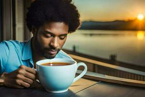 uma homem bebendo chá às pôr do sol. gerado por IA foto