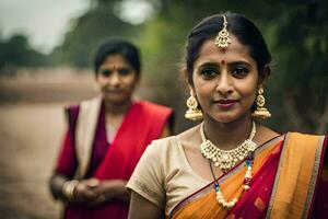 uma mulher dentro uma sari e outro mulher dentro uma vermelho sári. gerado por IA foto
