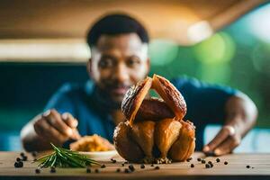 uma homem é comendo uma assado frango em uma mesa. gerado por IA foto