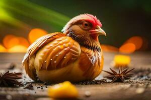 uma frango é sentado em a terra com especiarias. gerado por IA foto