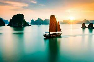 uma barco velas dentro a oceano às pôr do sol. gerado por IA foto