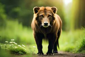 uma Castanho Urso caminhando através uma floresta. gerado por IA foto