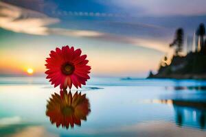 uma vermelho flor é em pé dentro a água às pôr do sol. gerado por IA foto