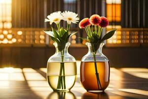 dois vasos com flores dentro eles em uma mesa. gerado por IA foto