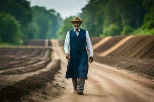 uma homem dentro uma chapéu e colete caminhando baixa uma sujeira estrada. gerado por IA foto