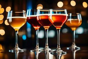 cinco diferente tipos do Cerveja dentro óculos em uma bar. gerado por IA foto