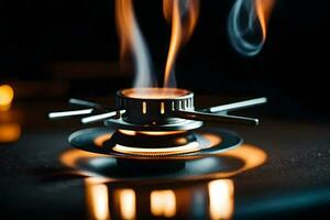 uma fechar acima do uma gás fogão com chamas. gerado por IA foto
