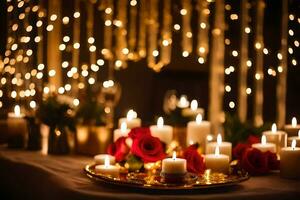 velas e rosas estão conjunto acima em uma mesa com luzes. gerado por IA foto