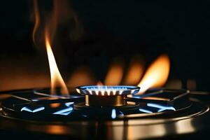uma gás fogão com chamas e fumaça. gerado por IA foto