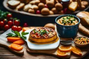 uma prato do Comida com pão, queijo e legumes. gerado por IA foto