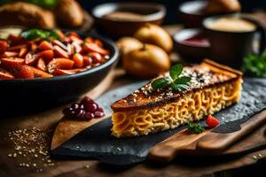 uma prato do Comida com massa e legumes. gerado por IA foto