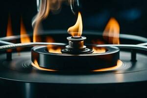 uma fechar acima do uma gás queimador com chamas. gerado por IA foto