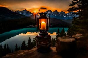 uma lanterna é aceso em uma montanha negligenciar uma lago. gerado por IA foto